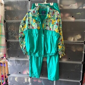 Vintage Duckster Teal Floral Nylon Windbreaker Track Suit Set Womens Large 502